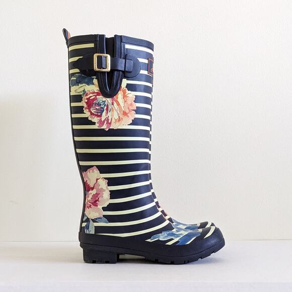 Joules Womens Size 7 Navy Wellyprint Rainboots Floral Stripes - Picture 1 of 10
